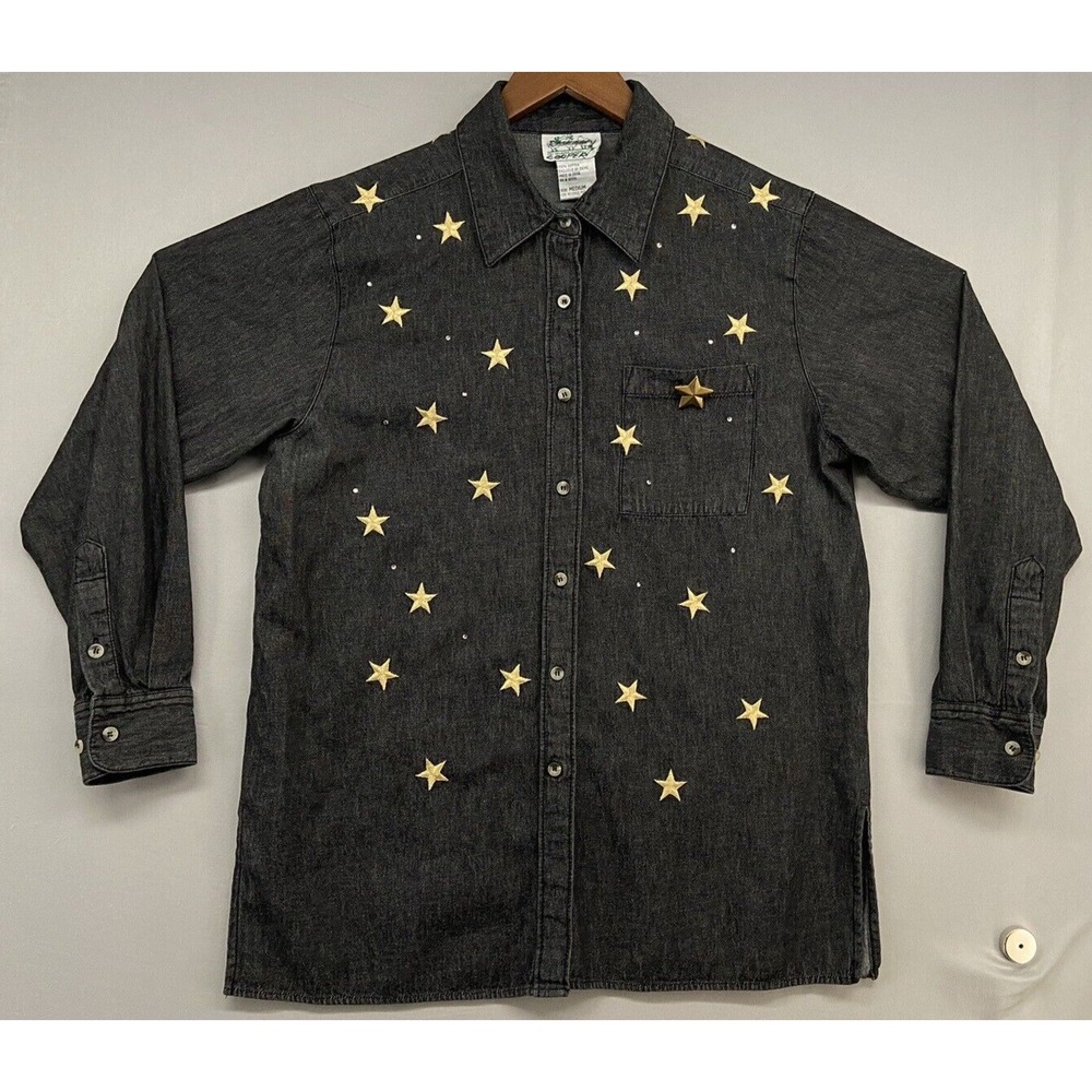 VTG Quacker Factory Denim Button Shirt M-Black-Embroidered Gold Stars Texas 4th